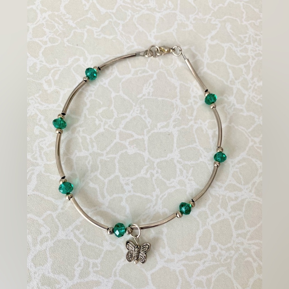 Sterling Silver Butterfly Charm Ankle Bracelet with Emerald Green Beads